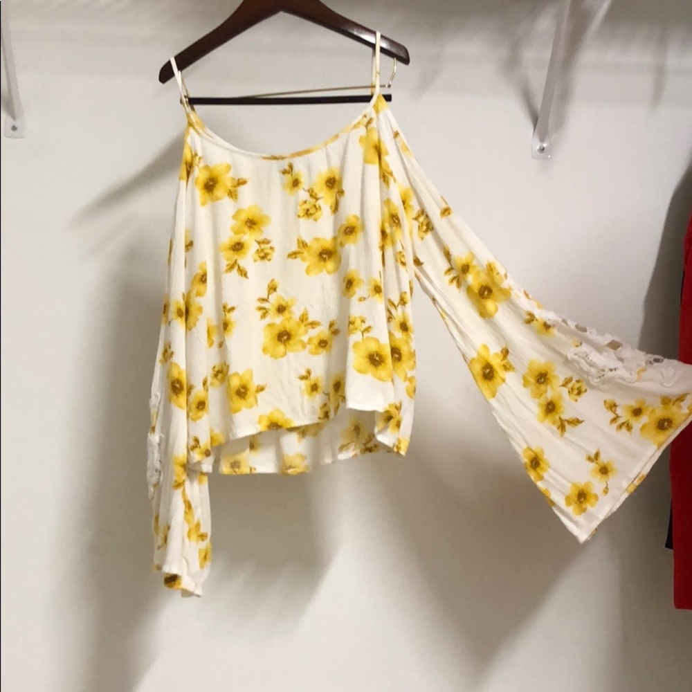 Off the Shoulder Yellow Flower Cropped Shirt